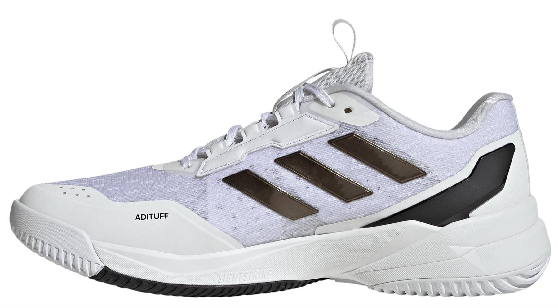The adidas Crazyflight 6 Men's Indoor Tennis Shoes in white feature black and gray accents, three dark side stripes, a mesh upper, textured sole, and "ADITUFF" branding near the front.