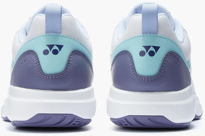 Back view of two Yonex Pro-Move Classic Mens Tennis Shoes in white/sax by Yonex, featuring light blue, teal, and white accents with a dark blue heel logo and Power Cushion technology for superior on-court comfort.