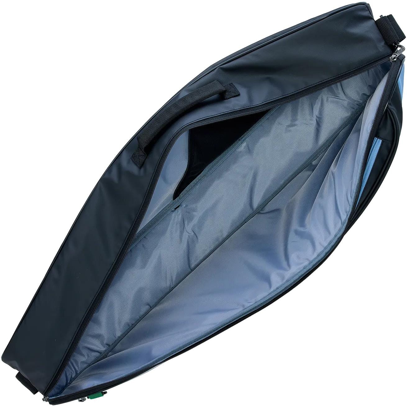 The Yonex BA52523EX Club 3 Racket Tennis Bag in Black/Blue is a soft-sided, slightly triangular bag with a top handle. Unzipped, it reveals a spacious interior with light gray lining and an inner pocket, branded by Yonex.
