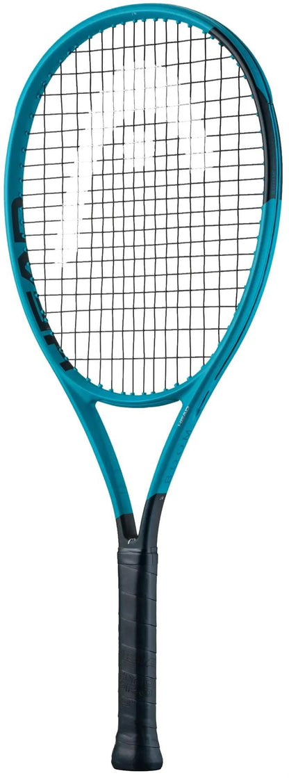 A HEAD Boom Jr 2026 Junior Tennis Racket in teal and black with Hy-Bor technology, black grip and strings, stands upright against a white background.