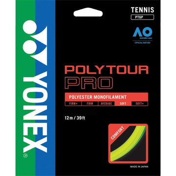 The packaging for Yonex Polytour Pro Tennis String (12m) in Yellow features a sleek blue and green vertical stripe on the left, highlighted by the Yonex logo. Prominently displaying "Polyester Monofilament" and "Comfort," it also provides details about spin potential, string length, and firmness options.