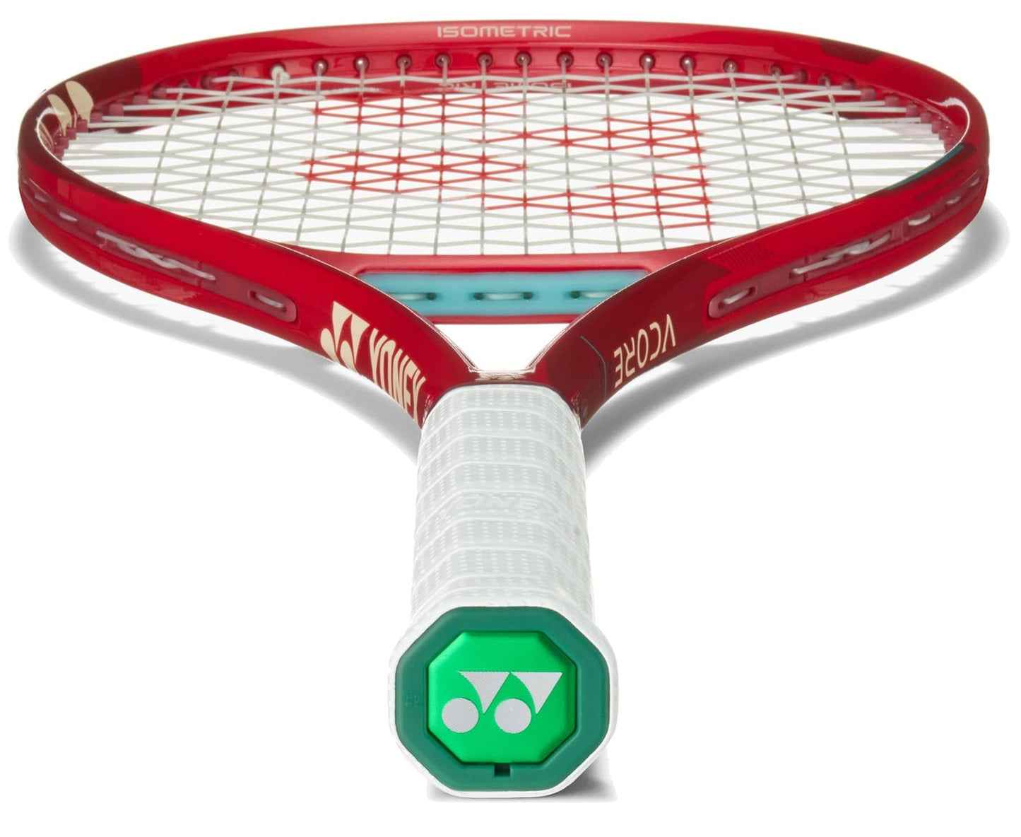 A close-up of the Yonex VCORE 95 2026 Ruby Red Tennis Racket highlights its white grip, green Yonex logo at the handle’s base, and a racquet head with strings engineered to deliver maximum spin.