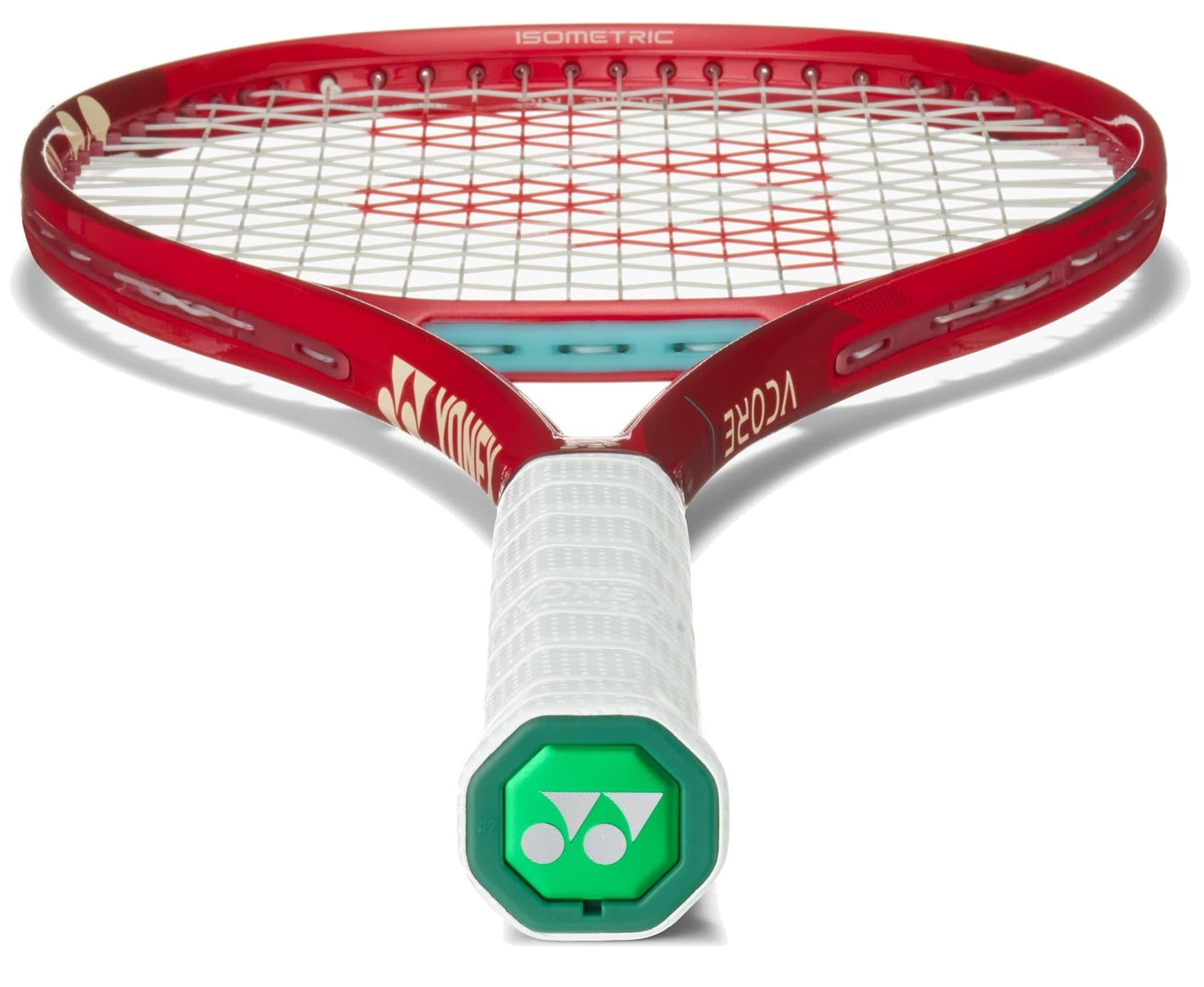 A close-up of the Yonex VCORE 95 2026 Ruby Red Tennis Racket highlights its white grip, green Yonex logo at the handle’s base, and a racquet head with strings engineered to deliver maximum spin.