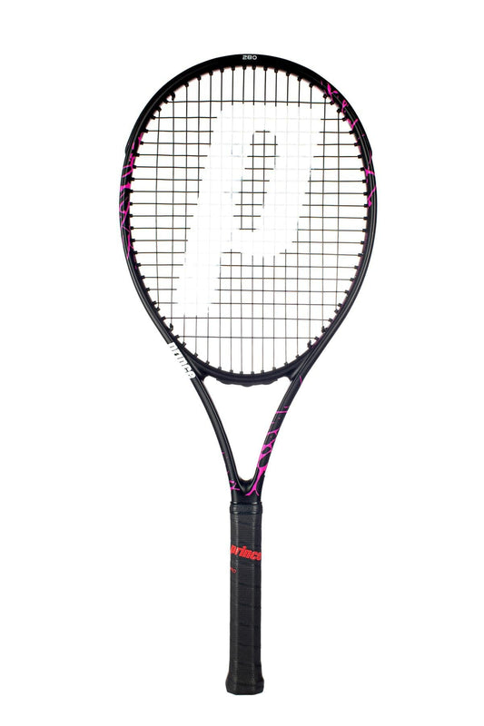 The Prince Beast Pink 100 280g Tennis Racket (Frame Only) by Prince boasts an eye-catching black and pink design featuring a prominent "P" logo on the strings, set against a white backdrop. Enhanced with TeXtreme X Twaron technology, this racket delivers exceptional performance and control.