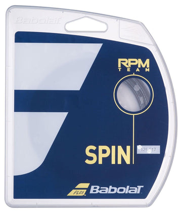 The packaging of the Babolat RPM Team Tennis String (12m) in Black showcases a sleek and modern design with prominent Babolat branding. The "RPM Team" label emphasizes its advanced co-polyester construction, engineered to enhance spin and control, making it an ideal choice for players aiming for precision.