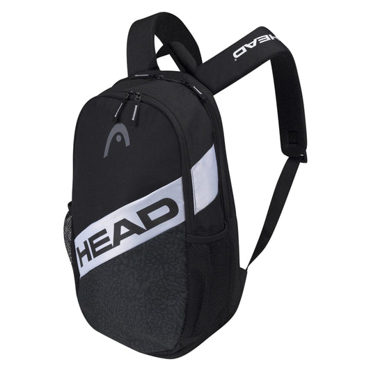 The HEAD Elite Tennis Backpack - Black White is a chic, black and white racquet backpack from HEAD featuring a bold "HEAD" in white lettering across the front. It boasts a front zip pocket, side mesh pockets, and adjustable shoulder straps. A diagonal white stripe enhances its stylish design, making it an ideal choice for tennis gear enthusiasts.