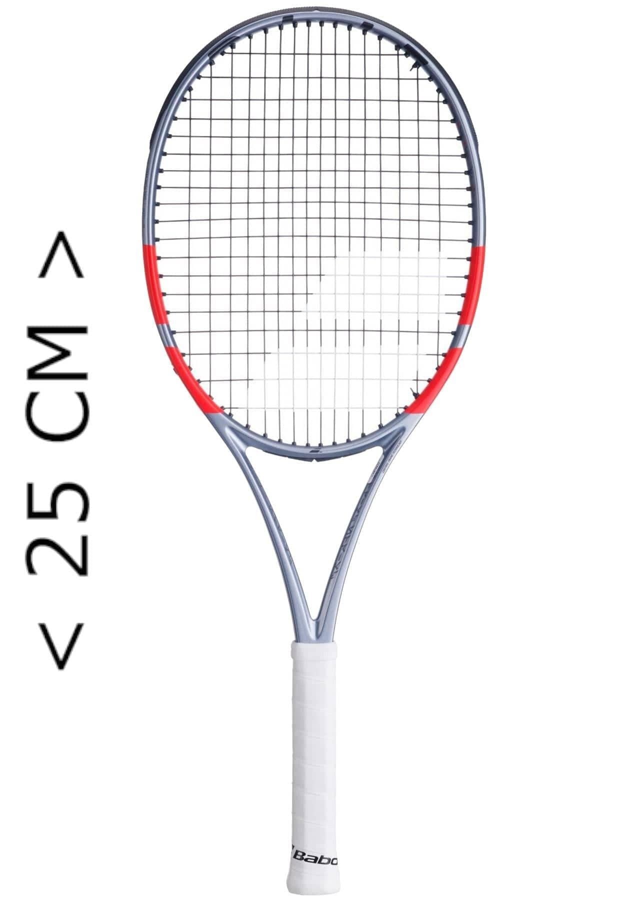 The Babolat Mini Pure Strike Gen4 Tennis Racket - Carbon Grey is shown upright beside a "25 CM >" marker, featuring a white grip and gray frame with red accents, making it a stylish tennis-themed trinket from Babolat.