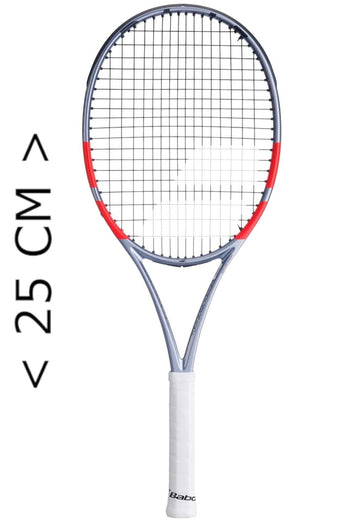 The Babolat Mini Pure Strike Gen4 Tennis Racket - Carbon Grey is shown upright beside a "25 CM >" marker, featuring a white grip and gray frame with red accents, making it a stylish tennis-themed trinket from Babolat.