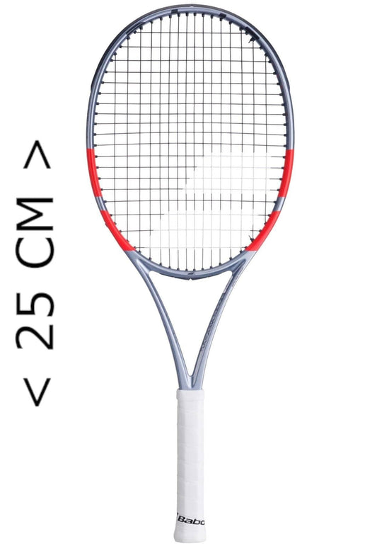 The Babolat Mini Pure Strike Gen4 Tennis Racket - Carbon Grey is shown upright beside a "25 CM >" marker, featuring a white grip and gray frame with red accents, making it a stylish tennis-themed trinket from Babolat.