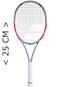 The Babolat Mini Pure Strike Gen4 Tennis Racket - Carbon Grey is shown upright beside a "25 CM >" marker, featuring a white grip and gray frame with red accents, making it a stylish tennis-themed trinket from Babolat.