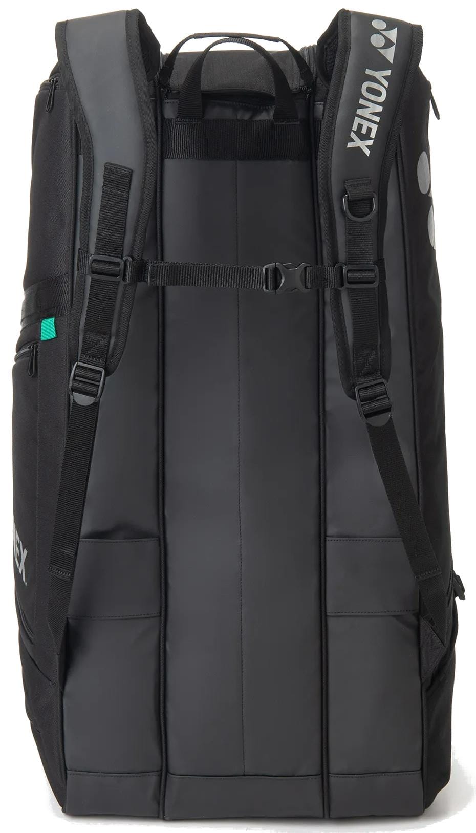 The Yonex BA72629EX Gearlogic 9 Racket Tennis Bag in black features padded shoulder straps, a chest strap, side pockets, and a Yonex logo—offering style and comfort for carrying all your tennis gear.