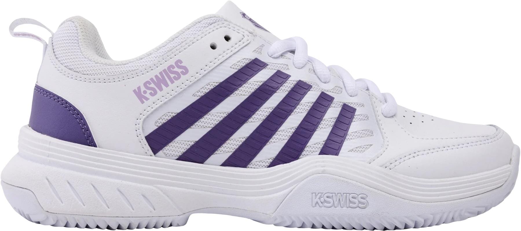 The K-Swiss Court Express 2 Clay Women’s Tennis Shoes feature a white base with Purple Haze and Neo Lavender accents, five purple side stripes, and purple "K-SWISS" branding. Designed for clay courts with white laces and a textured sole.