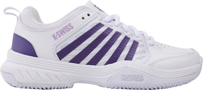 The K-Swiss Court Express 2 Clay Women’s Tennis Shoes feature a white base with Purple Haze and Neo Lavender accents, five purple side stripes, and purple "K-SWISS" branding. Designed for clay courts with white laces and a textured sole.
