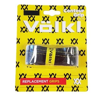 The Volkl Contour Replacement Tennis Grip in black color is displayed on a yellow backing adorned with a black "Völkl" text pattern, catering to players focused on control. The grip comes wrapped and marked with a yellow tag. At the bottom of the packaging, there is a red label that reads "Replacement Grips.