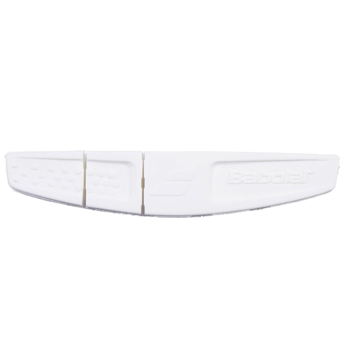 The Babolat Vibrakill 2.0 Tennis Dampener - White features a textured left side, smooth right side, and an embossed Babolat logo—ideal for enhancing your tennis racket.