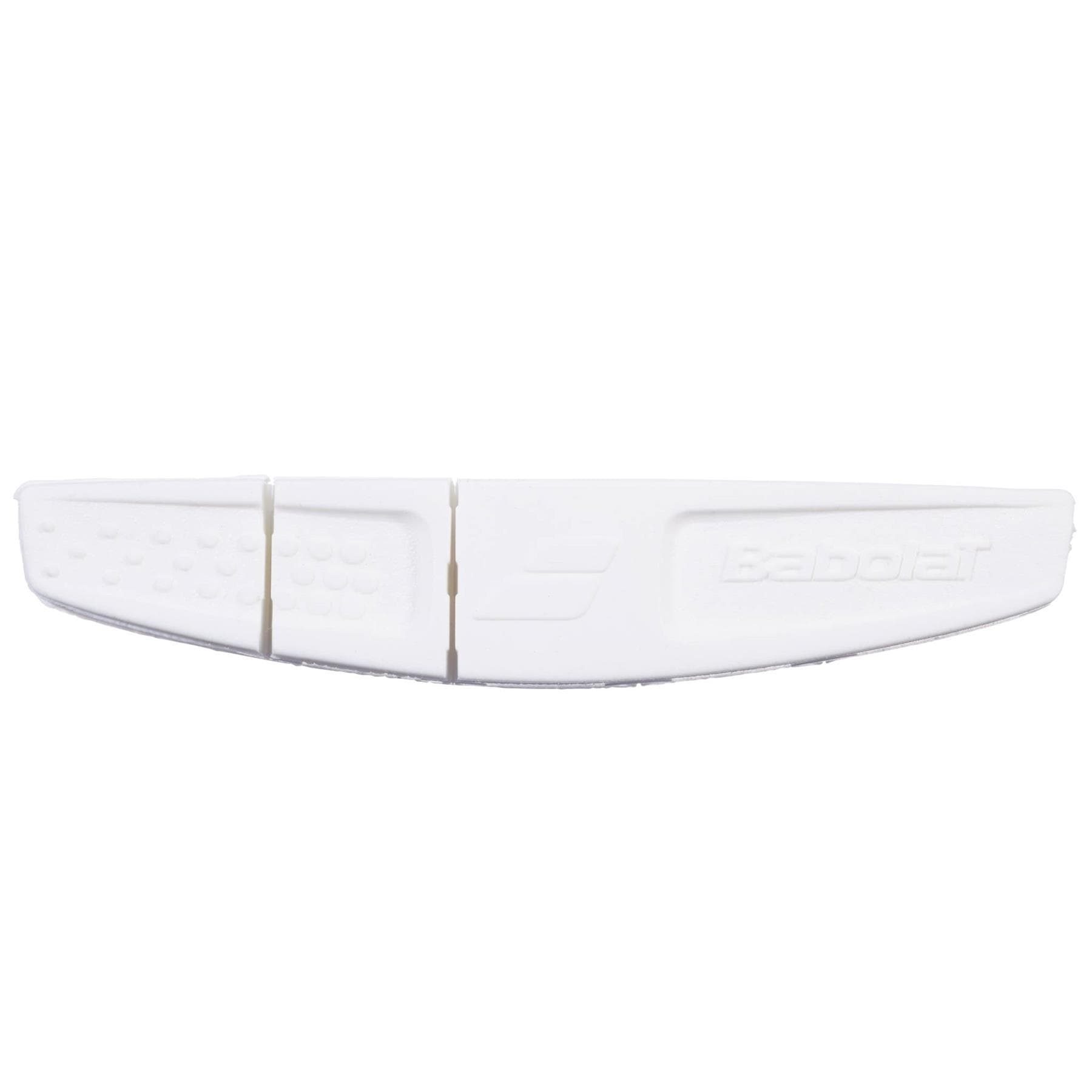 The Babolat Vibrakill 2.0 Tennis Dampener - White features a textured left side, smooth right side, and an embossed Babolat logo—ideal for enhancing your tennis racket.