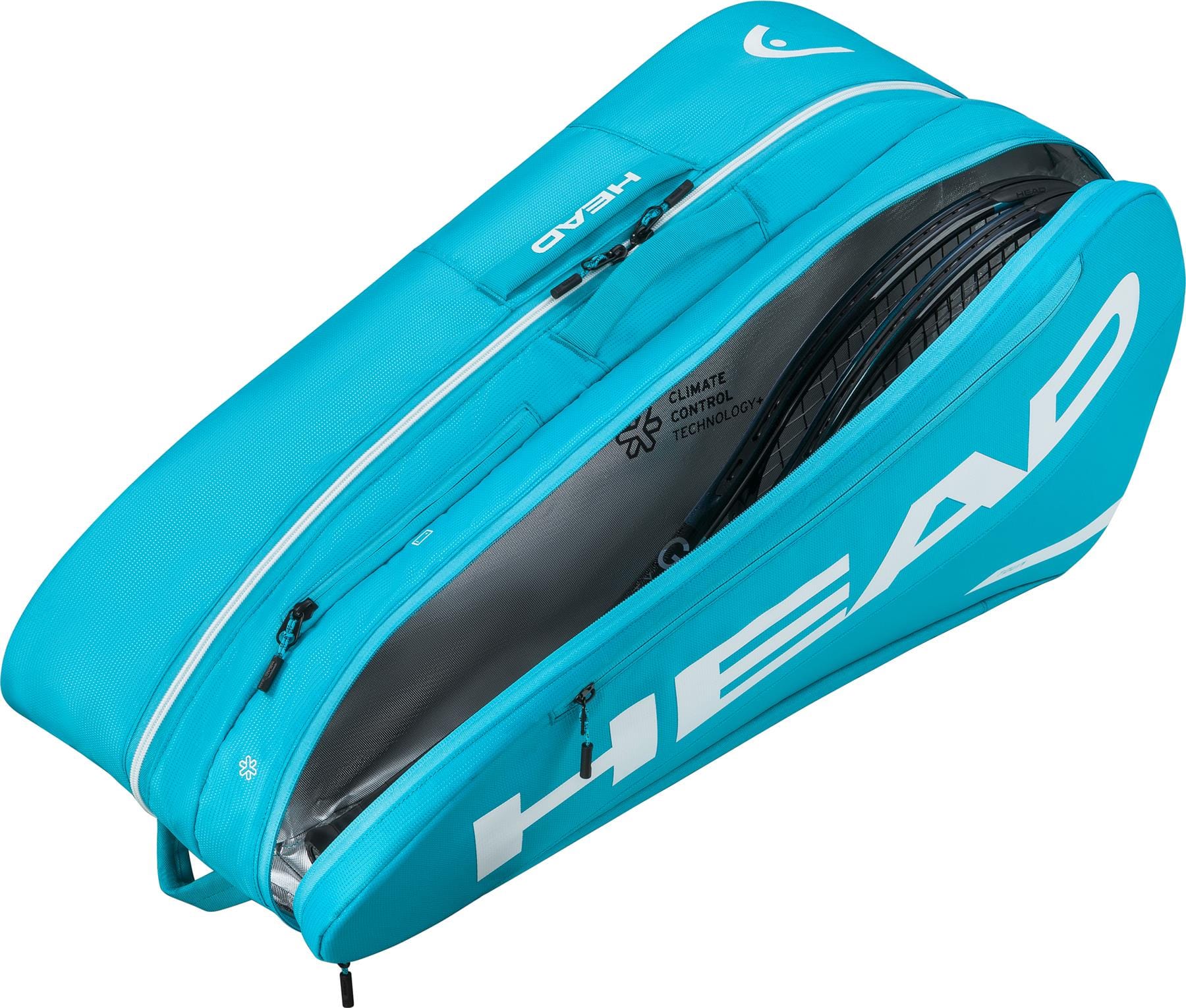 A blue HEAD Tour 9 Racket Tennis Bag L by HEAD, featuring white zippers and logo, is partially unzipped to display tennis racquets inside and a silver-lined CCT+ Climate Control Technology compartment.