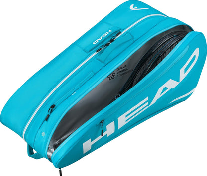 A blue HEAD Tour 9 Racket Tennis Bag L by HEAD, featuring white zippers and logo, is partially unzipped to display tennis racquets inside and a silver-lined CCT+ Climate Control Technology compartment.