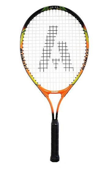 The Ashaway Alumtec 2300 Junior Tennis Racket is a lightweight aluminum racket featuring a vibrant frame in black, orange, and yellow with black strings. The handle is wrapped in black grip tape for secure play, making it an ideal choice for children's practice sessions. The Ashaway brand logo adorns the strings.