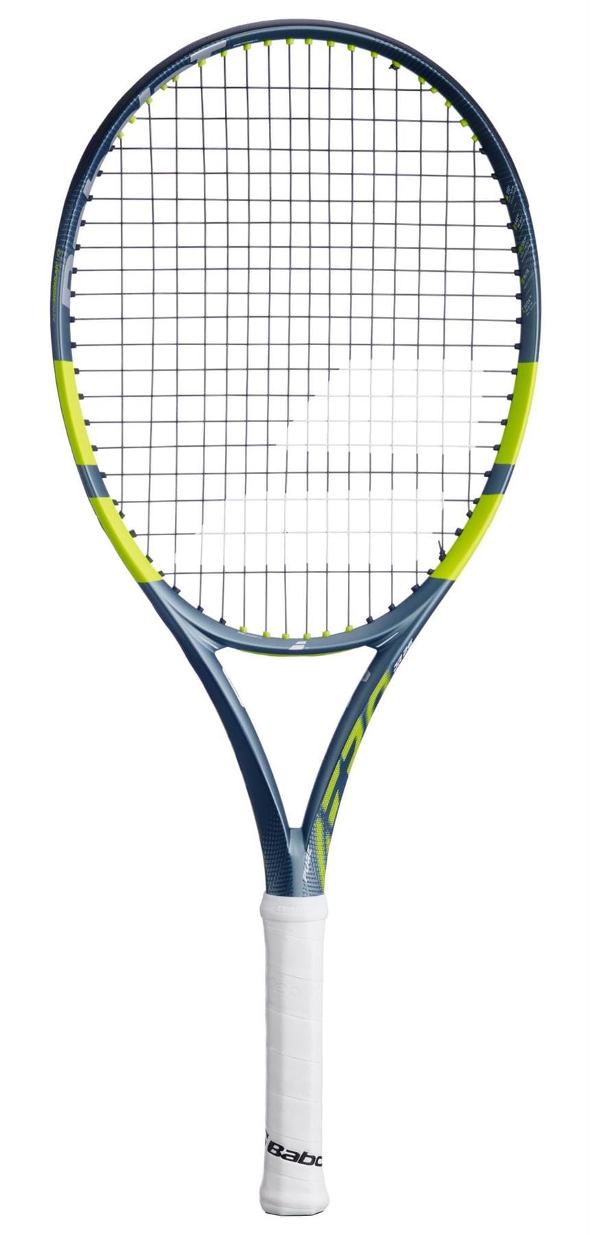 The Babolat Pure Aero Junior 26 Tennis Racket 2026 by Babolat, with a blue and yellow frame and white grip, showcases advanced spin technology in a photo taken against a white background.