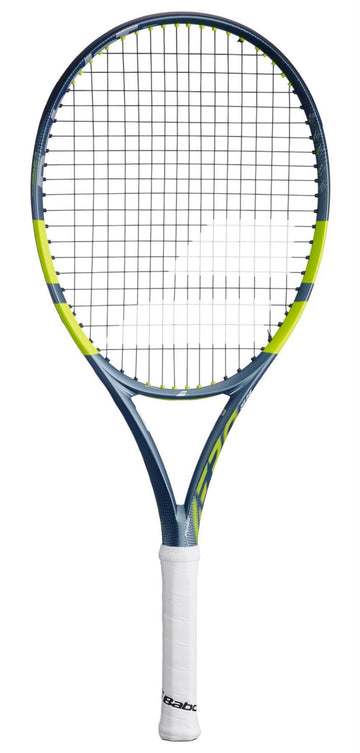 The Babolat Pure Aero Junior 26 Tennis Racket 2026 by Babolat, with a blue and yellow frame and white grip, showcases advanced spin technology in a photo taken against a white background.