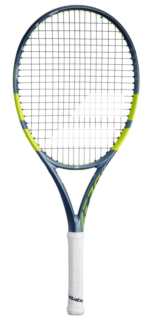 The Babolat Pure Aero Junior 26 Tennis Racket 2026 by Babolat, with a blue and yellow frame and white grip, showcases advanced spin technology in a photo taken against a white background.