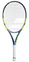The Babolat Pure Aero Junior 26 Tennis Racket 2026 by Babolat, with a blue and yellow frame and white grip, showcases advanced spin technology in a photo taken against a white background.