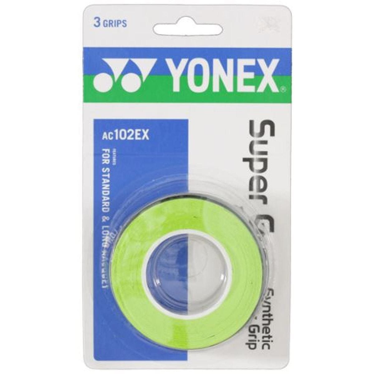 The Yonex AC102EX Super Grap Tennis Overgrip 3 Pack includes three grips; the visible grip is neon green, with packaging in white, green, and blue. Brand: Yonex.
