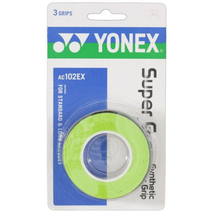The Yonex AC102EX Super Grap Tennis Overgrip 3 Pack includes three grips; the visible grip is neon green, with packaging in white, green, and blue. Brand: Yonex.