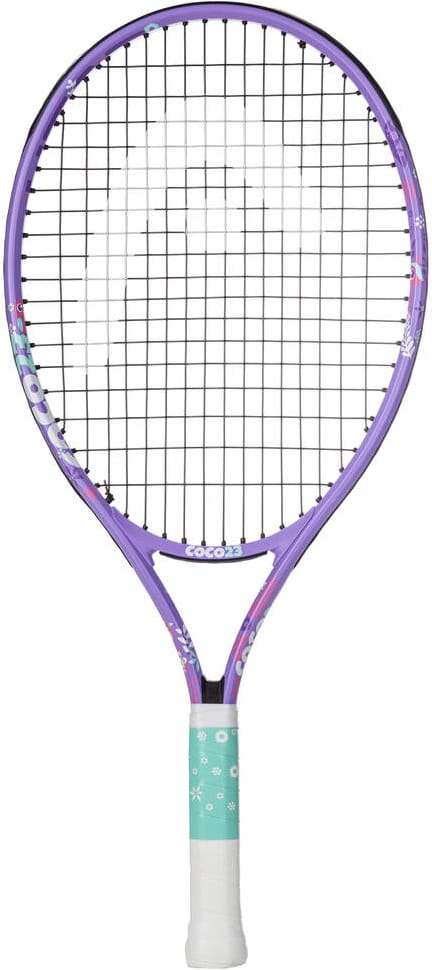 The HEAD Coco 23 2026 Junior Tennis Racket features a vibrant purple frame with black strings, charming floral patterns, and a mint green grip adorned with delicate white flowers—making it an ideal choice for any young player seeking a stylish and high-quality junior tennis racket.