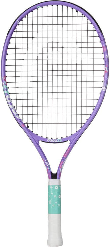 The HEAD Coco 23 2026 Junior Tennis Racket features a vibrant purple frame with black strings, charming floral patterns, and a mint green grip adorned with delicate white flowers—making it an ideal choice for any young player seeking a stylish and high-quality junior tennis racket.