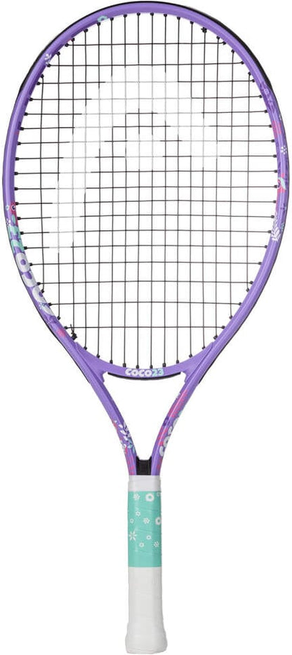 The HEAD Coco 23 2026 Junior Tennis Racket features a vibrant purple frame with black strings, charming floral patterns, and a mint green grip adorned with delicate white flowers—making it an ideal choice for any young player seeking a stylish and high-quality junior tennis racket.
