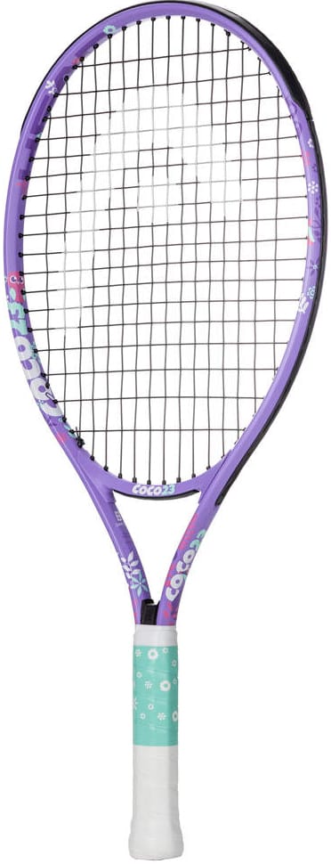 A vibrant junior tennis racket featuring a purple frame with black strings, floral designs, and a teal grip adorned with white patterns. The brand name “HEAD” is printed on the frame, making the HEAD Coco 23 2026 Junior Tennis Racket an excellent choice for kids who appreciate stylish sports gear.