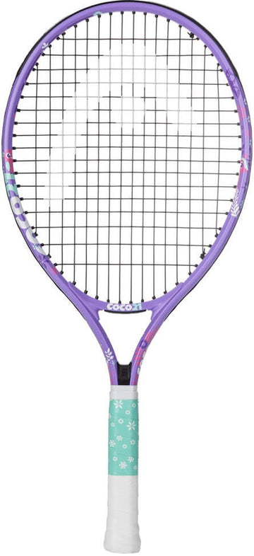 A stylish and fun choice for kids, the HEAD Coco 21 2026 Junior Tennis Racket features a vibrant purple frame, black strings, and a light blue-green grip adorned with small white snowflakes and wrapped in white tape at the bottom.