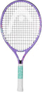 A stylish and fun choice for kids, the HEAD Coco 21 2026 Junior Tennis Racket features a vibrant purple frame, black strings, and a light blue-green grip adorned with small white snowflakes and wrapped in white tape at the bottom.