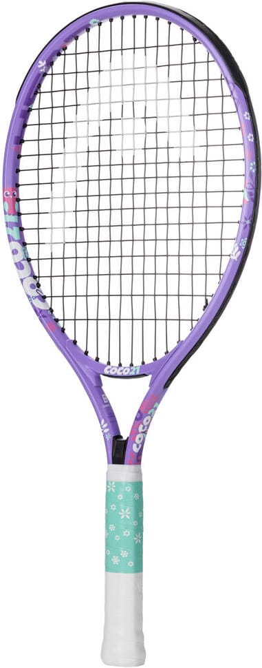A purple HEAD Coco 21 2026 Junior Tennis Racket with black strings, a turquoise grip adorned with white flower designs, and floral patterns on the frame—ideal as a kids’ tennis racket from HEAD.