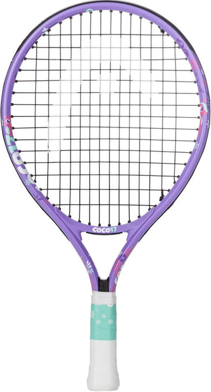 A purple HEAD Coco 17 2026 Junior Tennis Racket for kids featuring black strings, a turquoise grip with small white flowers, and “COCO” written in white on the frame—perfect for young tennis players or beginners.