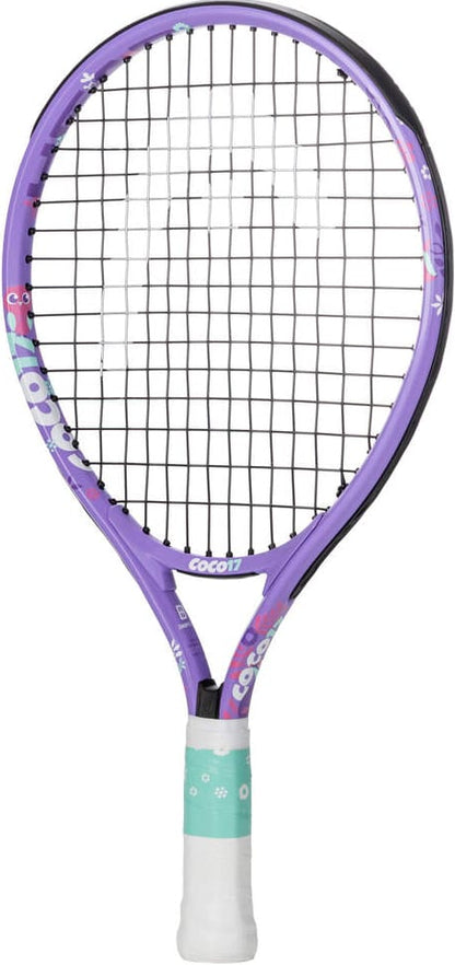 A vibrant purple HEAD Coco 17 2026 Junior Tennis Racket, featuring black strings, a turquoise grip adorned with white flowers, and “COCO” printed on the throat—ideal for beginner tennis players.