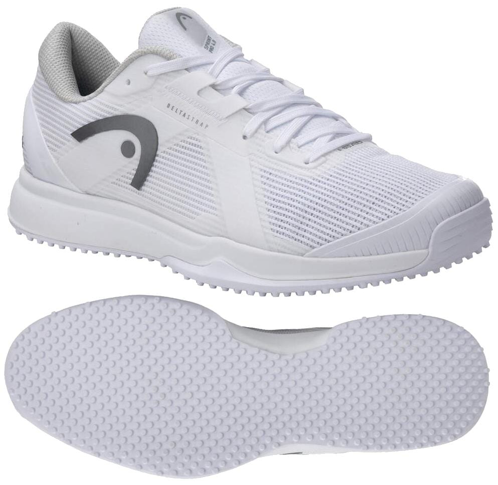 The HEAD Sprint Pro 4.0 Men's Grass Court Tennis Shoes in white/grey feature a mesh upper, white laces, Ortholite® insole, gray side logo, and a textured rubber sole for grip. Shown from the side with the sole visible.