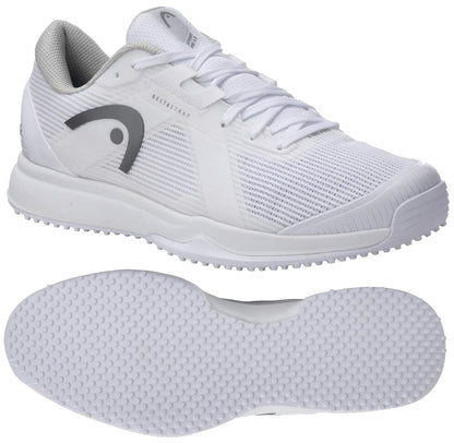The HEAD Sprint Pro 4.0 Men's Grass Court Tennis Shoes in white/grey feature a mesh upper, white laces, Ortholite® insole, gray side logo, and a textured rubber sole for grip. Shown from the side with the sole visible.