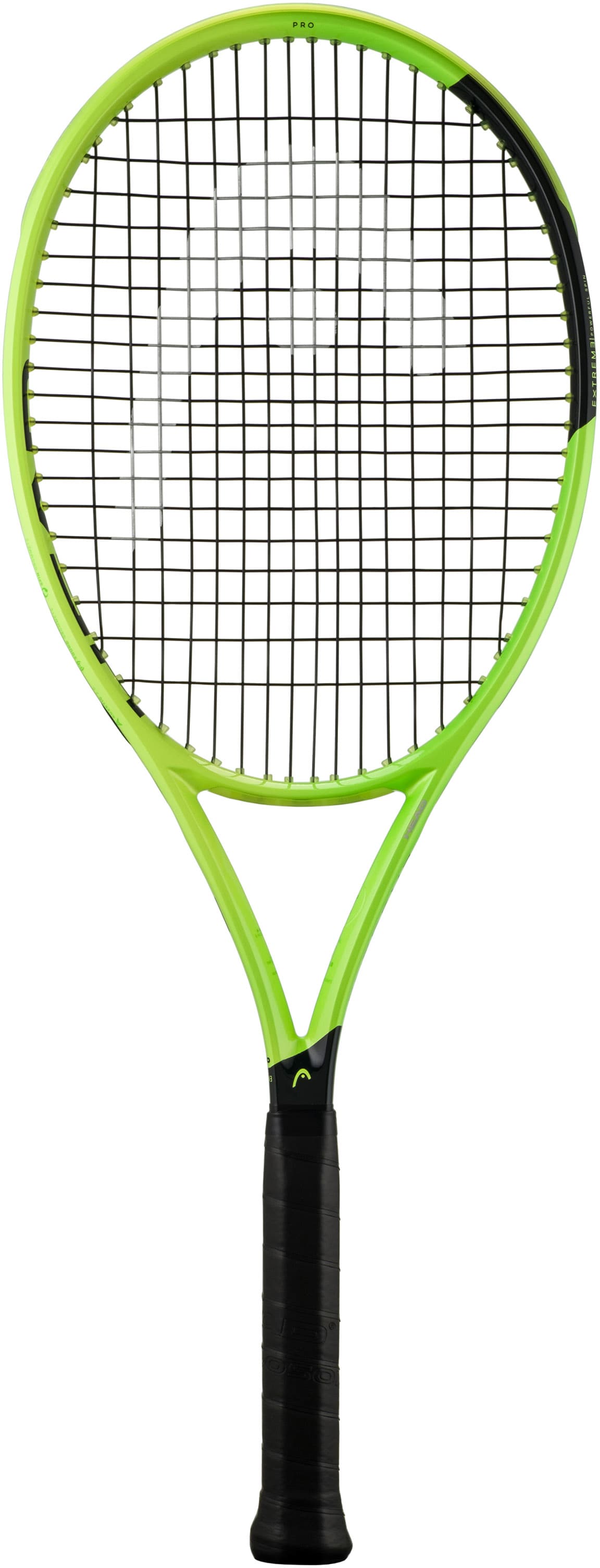 A HEAD Extreme Pro 2026 Tennis Racket, featuring a vibrant lime green frame with black strings and a black grip, is showcased against a white background. Designed by HEAD for competitive players seeking maximum spin potential.