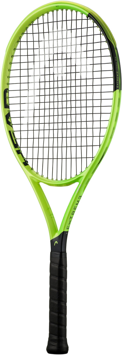 The HEAD Extreme MP 2026 Tennis Racket by HEAD features a vibrant green and black design, a black grip handle, and tightly woven strings engineered for exceptional spin and power, displayed against a white background.