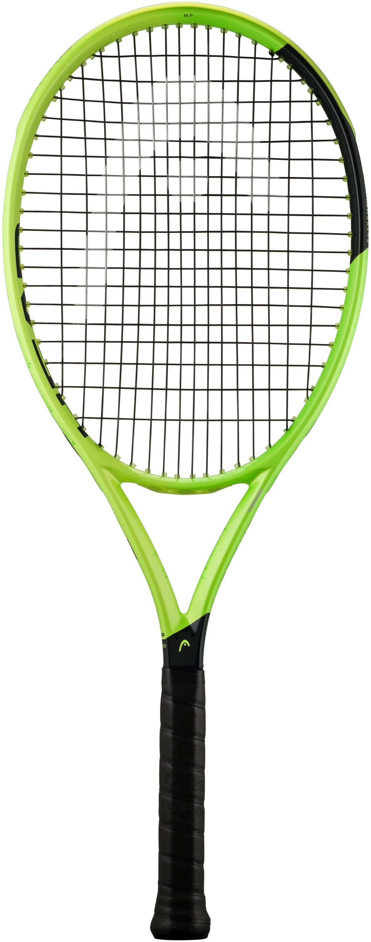 A HEAD Extreme MP 2026 Tennis Racket by HEAD, featuring a green and black color scheme and a black grip, designed for power and spin, is displayed vertically against a white background.