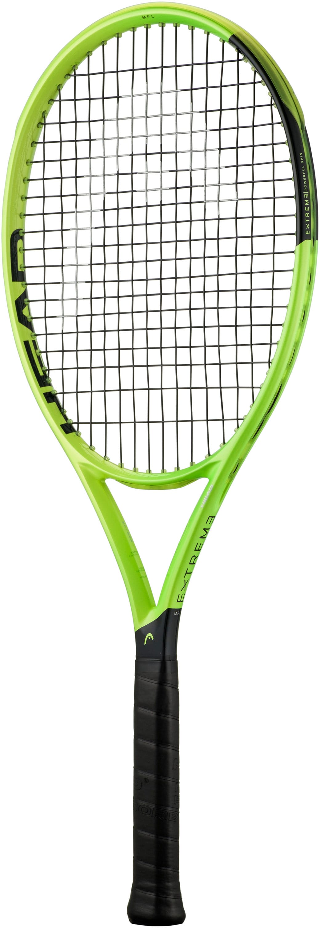 A HEAD Extreme MP L 2026 Tennis Racket featuring a green and black color scheme, black strings, and a black grip with the HEAD logo displayed on the frame—crafted for players who want an easy power racket that delivers excellent spin.