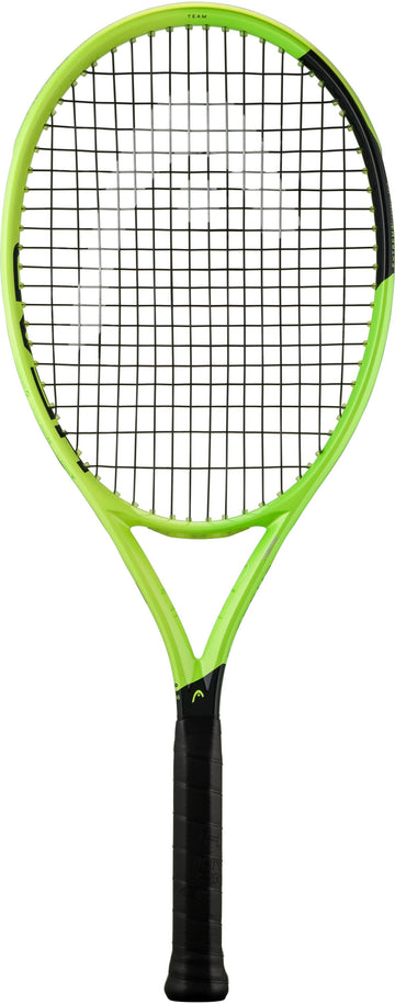 A HEAD Extreme Team 2026 Tennis Racket from HEAD, featuring a vibrant green frame with a black grip and black strings, is displayed on a white background. It is designed to provide easy spin and effortless power.
