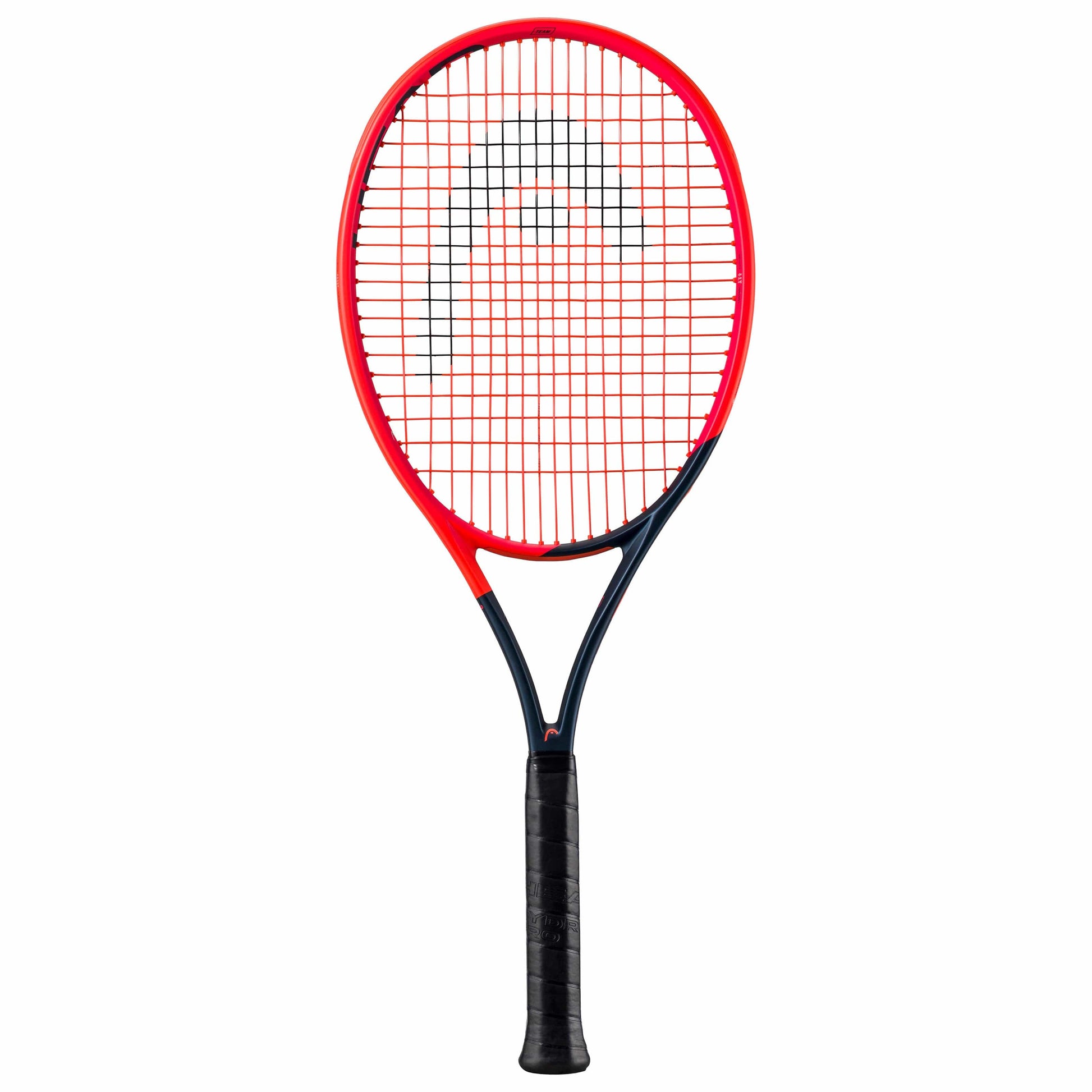 An orange and navy blue tennis racket from HEAD, named the Radical Team L 2023, features an innovative auxetic technology mesh string pattern. The frame, enhanced with graphene, is primarily orange with navy blue accents, and the handle is wrapped in navy blue grip tape. The racket stands upright against a plain white background.