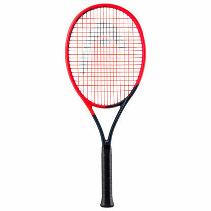 An orange and navy blue tennis racket from HEAD, named the Radical Team L 2023, features an innovative auxetic technology mesh string pattern. The frame, enhanced with graphene, is primarily orange with navy blue accents, and the handle is wrapped in navy blue grip tape. The racket stands upright against a plain white background.