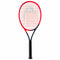 An orange and navy blue tennis racket from HEAD, named the Radical Team L 2023, features an innovative auxetic technology mesh string pattern. The frame, enhanced with graphene, is primarily orange with navy blue accents, and the handle is wrapped in navy blue grip tape. The racket stands upright against a plain white background.