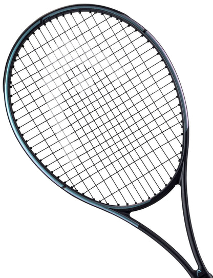 The HEAD Gravity MP 2023 Tennis Racket - Black boasts a polished black frame enhanced with Auxetic technology, providing a substantial sweetspot. Its precisely woven strings create an ideal grid, displayed against a simple white backdrop.