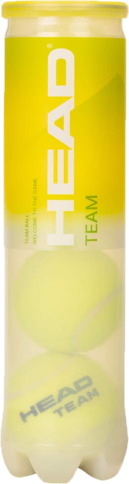 A tube of HEAD Team Tennis Balls includes four ITF-approved, durable tennis balls. The yellow label displays "HEAD" and "TEAM" in white and green, with the balls visible through the clear packaging.